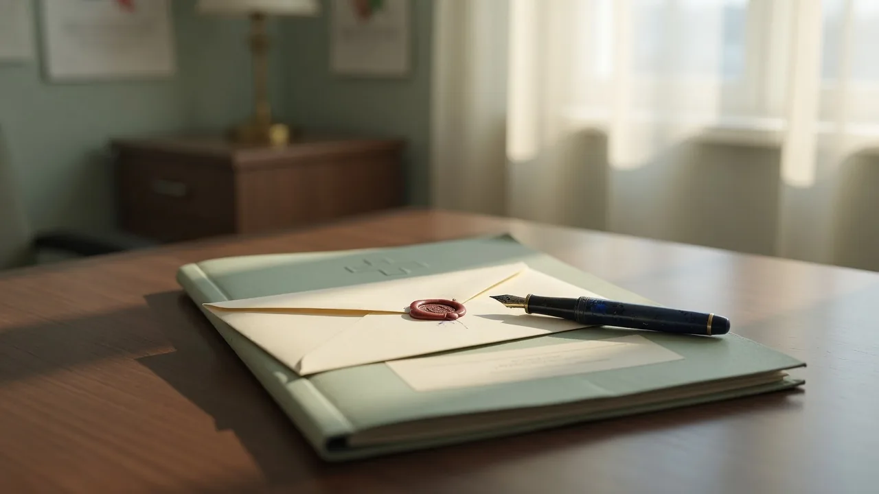 Illustration photoréaliste : une enveloppe scellée et un stylo-plume posés sur un dossier fermé