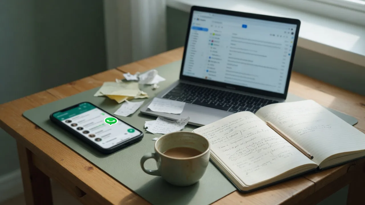 Illustration photoréaliste : ordinateur affichant une messagerie, téléphone et carnet ouverts sur un bureau