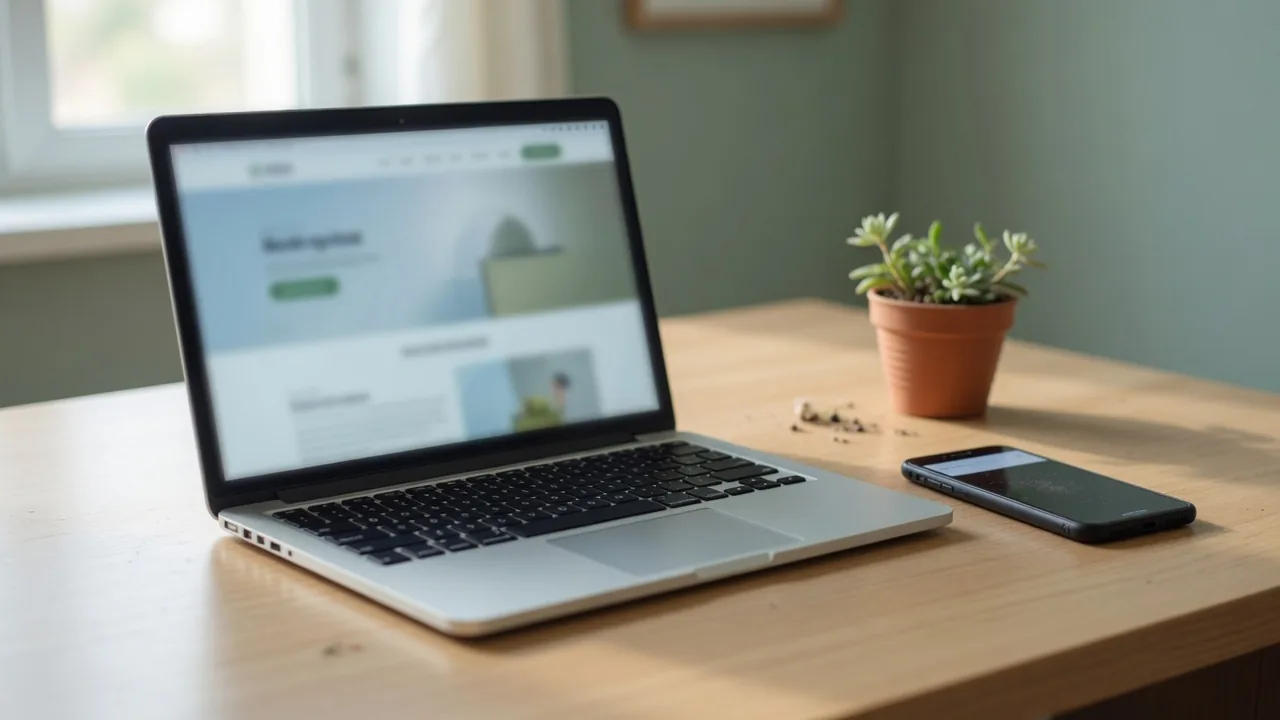Illustration photoréaliste : ordinateur affichant un site et téléphone posés sur une table en bois près d’une plante