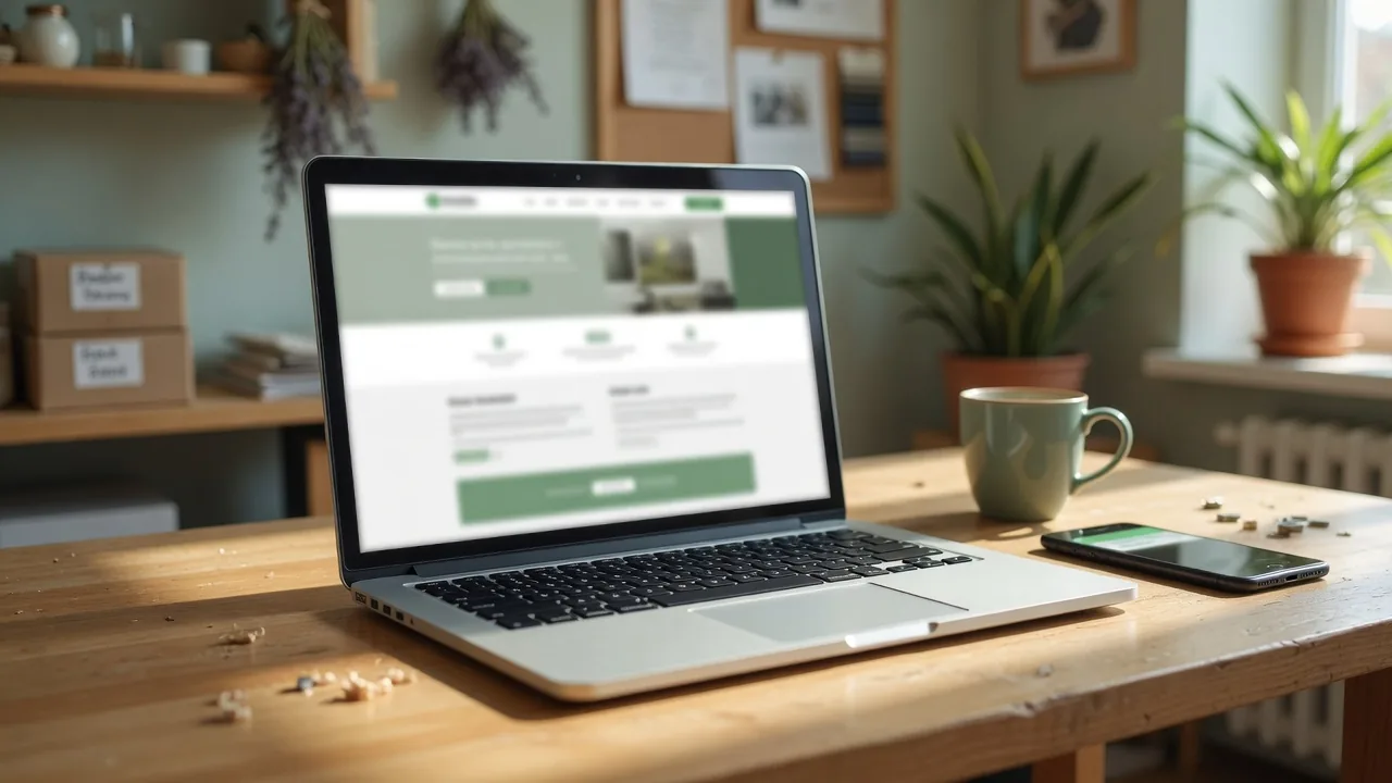 Illustration photoréaliste : ordinateur affichant une page web sur une table en bois, avec un téléphone et une tasse verte