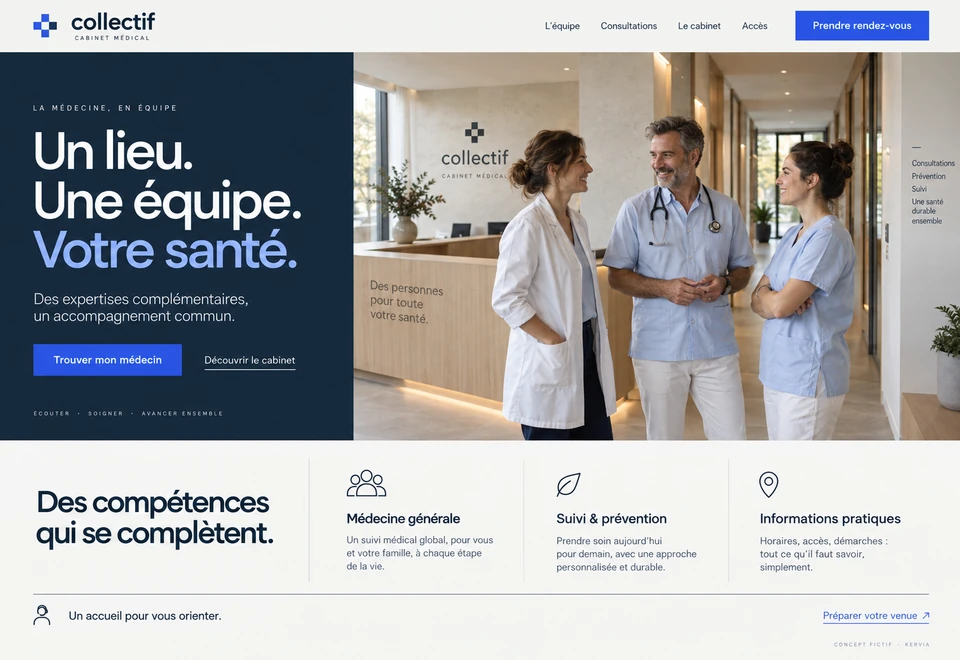 Aperçu du concept Collectif, site de cabinet médical de groupe.