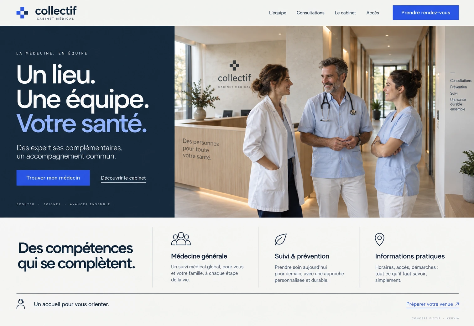 Concept Collectif : site de cabinet médical de groupe en bleu nuit, blanc et cobalt, photographie de trois soignants dans un cabinet lumineux et titre Un lieu. Une équipe. Votre santé.
